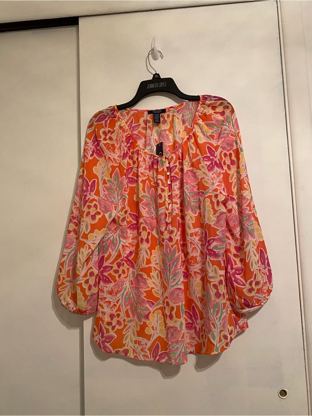 Chaps Orange & Pink Floral Peasant Blouse, Semi Sheer, Buttons,Balloon Sleeve